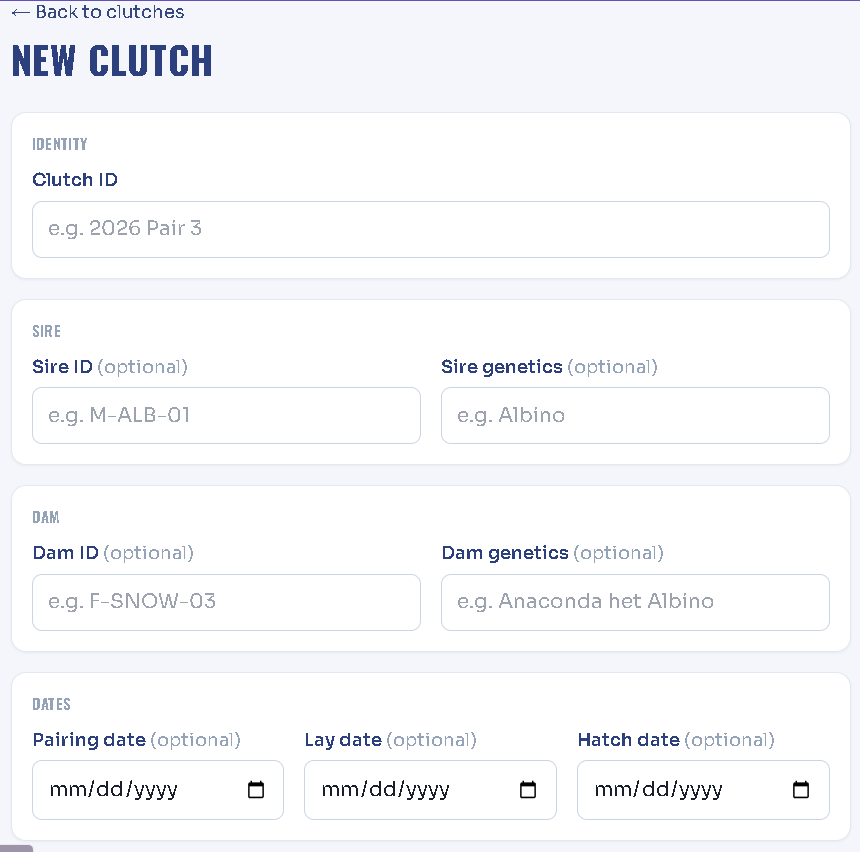 ClutchOS clutch record — pairing, dates, and genetics