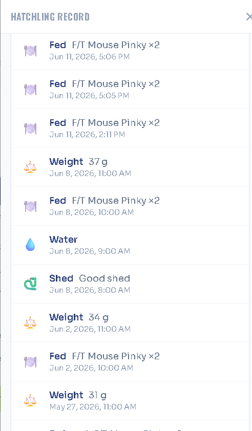 ClutchOS hatchling record tracking feeds, sheds, and weights